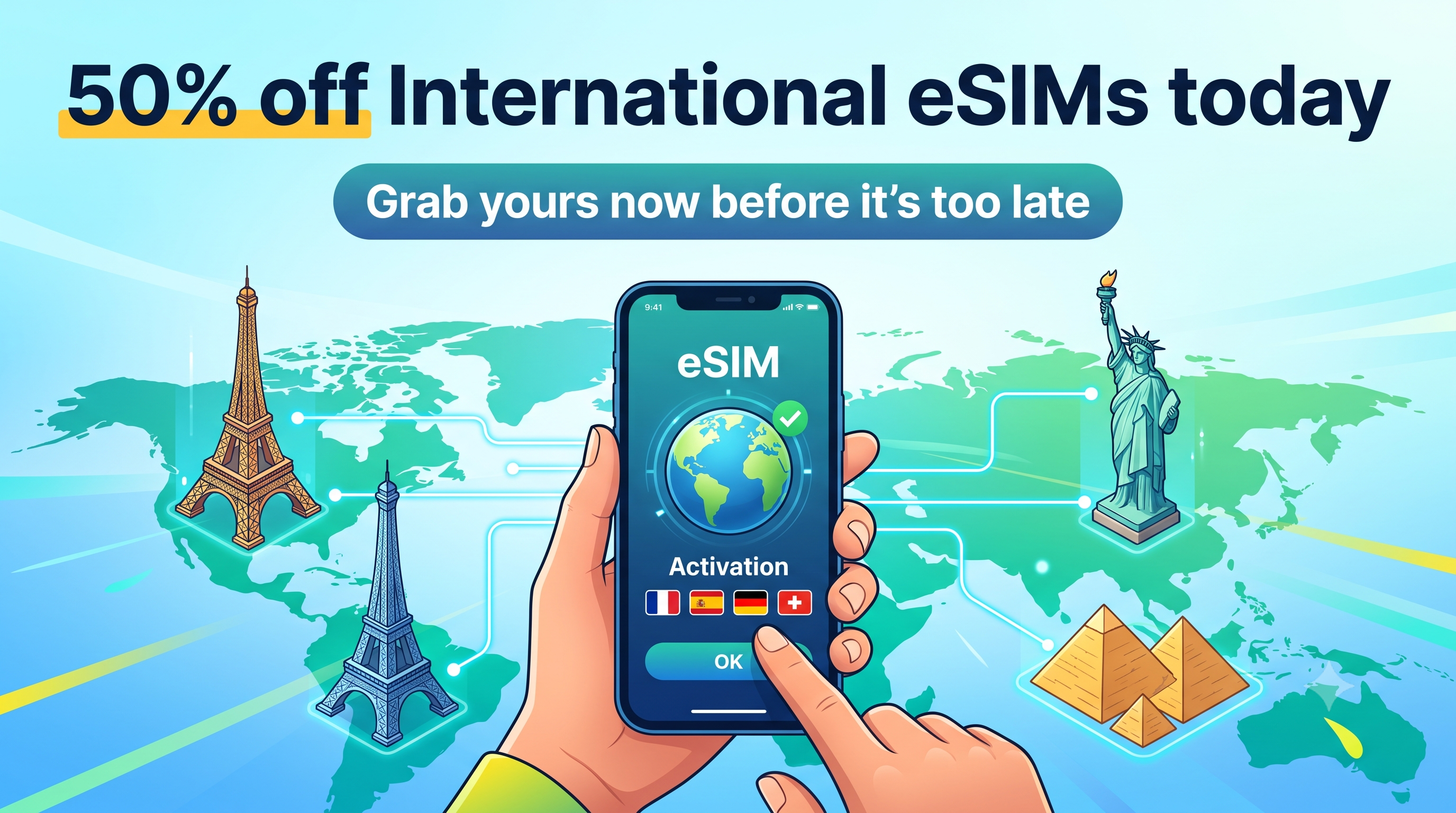 Save up to 50% on international eSIMs TODAY—grab the deal now before it's gone!